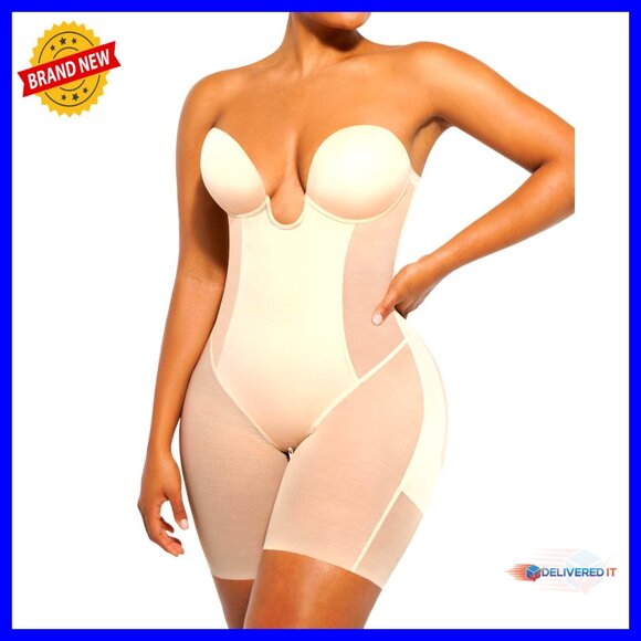 Strapless Shapewear Bodysuit Deep Plunge Backless Tummy Control Mid Thigh